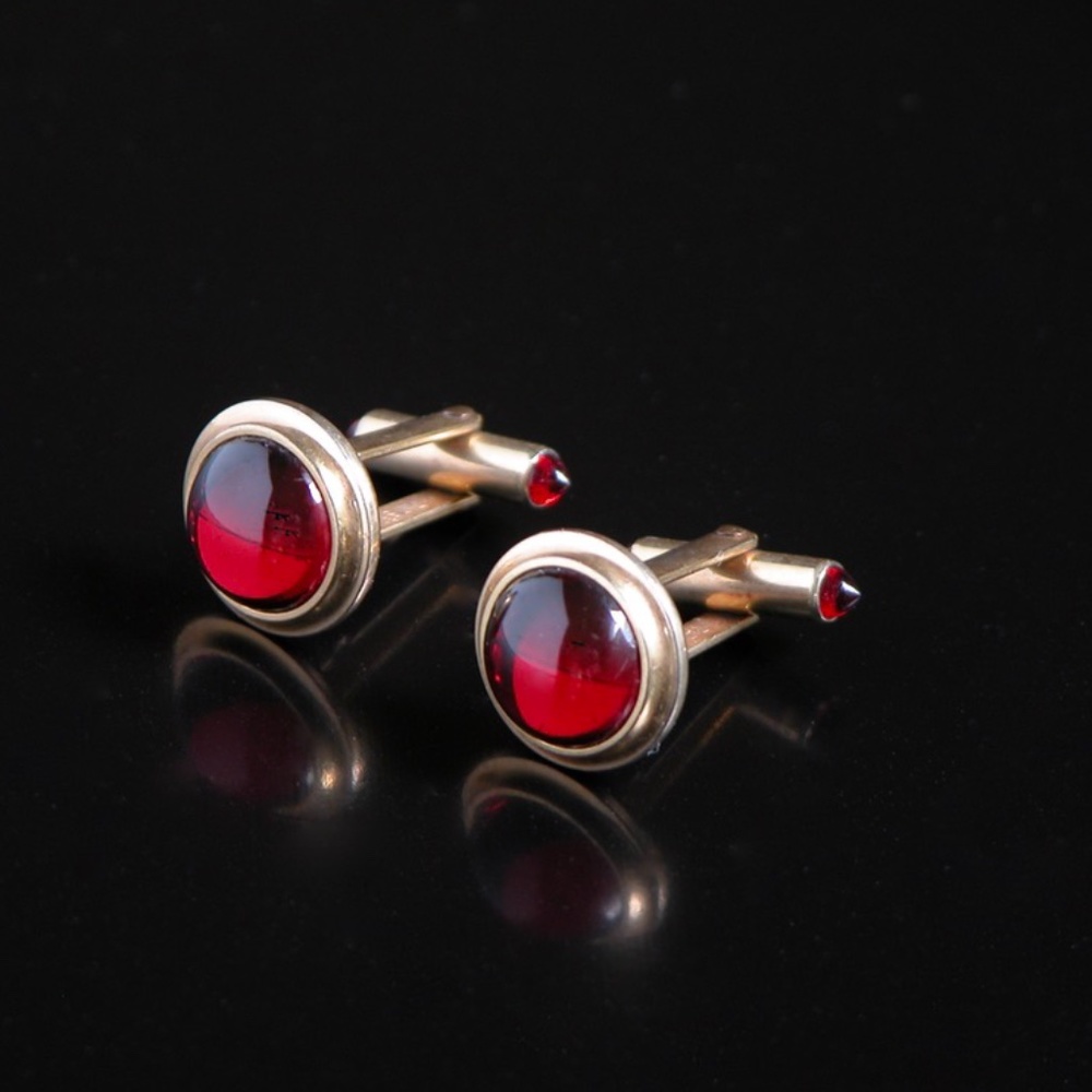 Vtg Correct Cufflinks Red Jeweled Stone Gold Tone